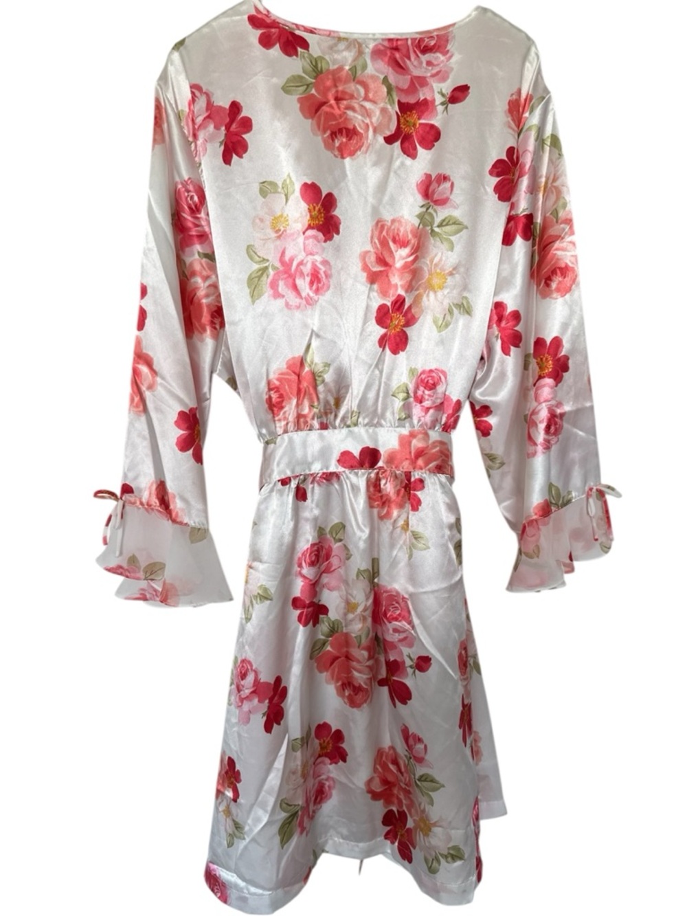 Morgan Taylor Kimono Robe XXL White Satin Floral with Pink Blooms TieUp Pocket - Picture 4 of 11